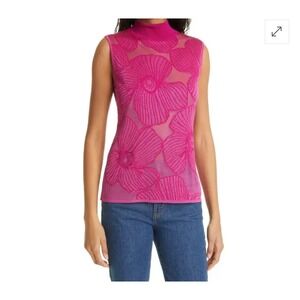 FUZZI Pink Floral Virgin Wool Blend Mock Neck Sleeveless Mesh Top Italy Small